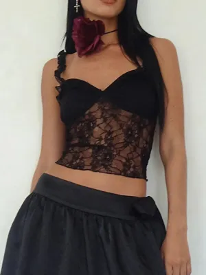 Spaghetti Strap Lace Trim Sleeveless Sheer Mesh Summer Crop Y2K Top