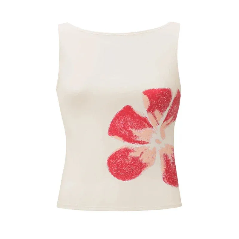 Territory Flower Print Slim Fitted Crop Tops Vintage Sleeveless Casual Vest Shirt Women Summer Tank Tops Female Fashion Party Club Clothes