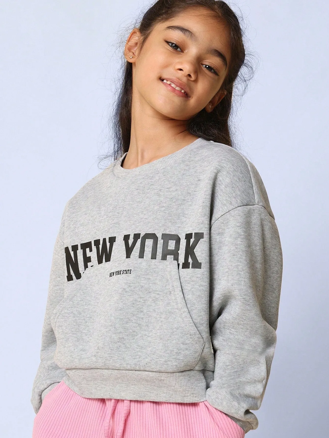 Tween Girls Comfy Cropped New York Graphic Print Crew Neck Sweatshirt