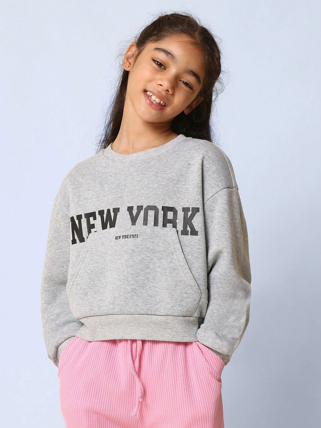 Tween Girls Comfy Cropped New York Graphic Print Crew Neck Sweatshirt