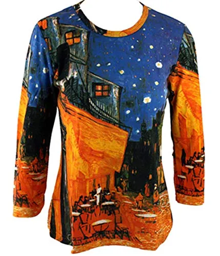 Van Gogh Cafe Terrace, 3/4 Sleeve Scoop Neck Hand Silk-Screened Art Top