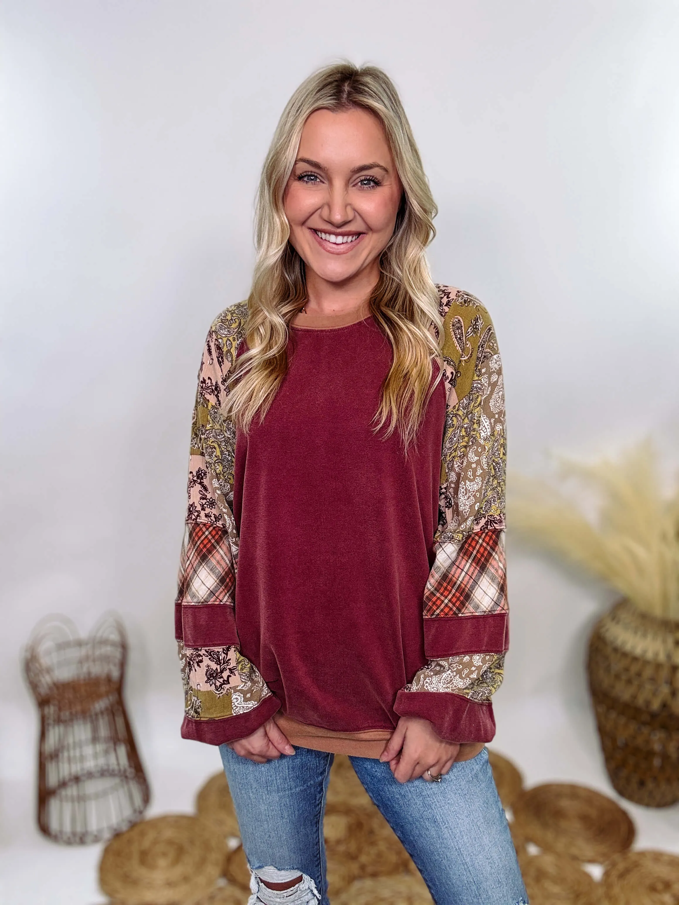 Washed Cherry Long Sleeve Pullover with Patchwork Plaid and Vintage Paisley Print