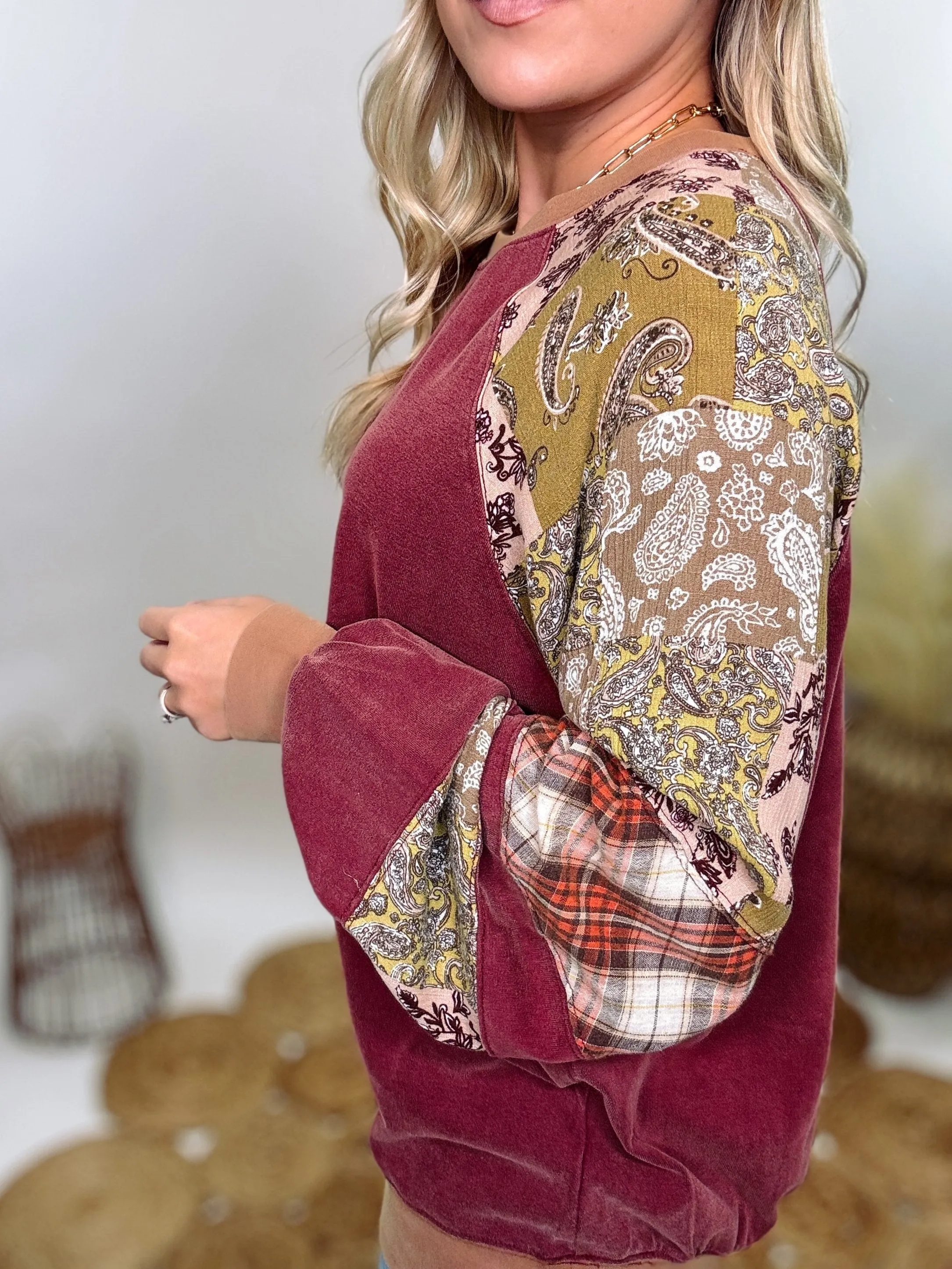 Washed Cherry Long Sleeve Pullover with Patchwork Plaid and Vintage Paisley Print