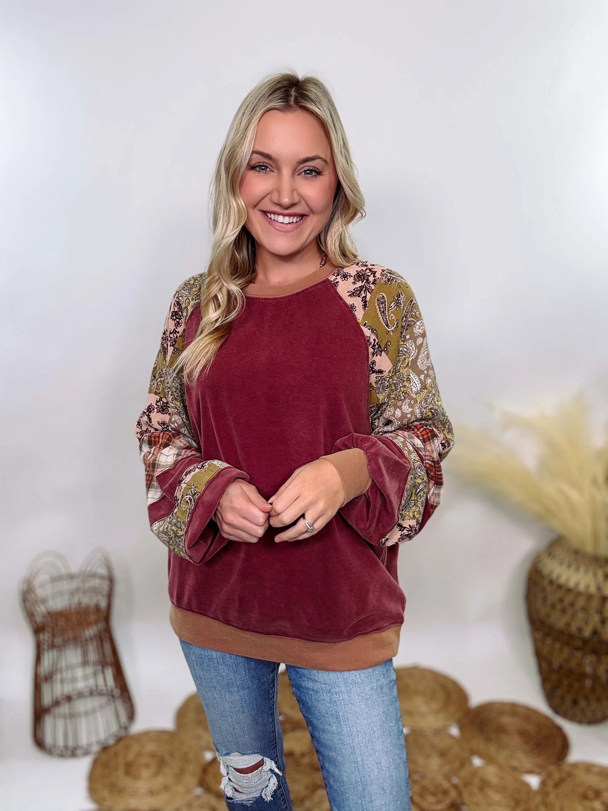 Washed Cherry Long Sleeve Pullover with Patchwork Plaid and Vintage Paisley Print