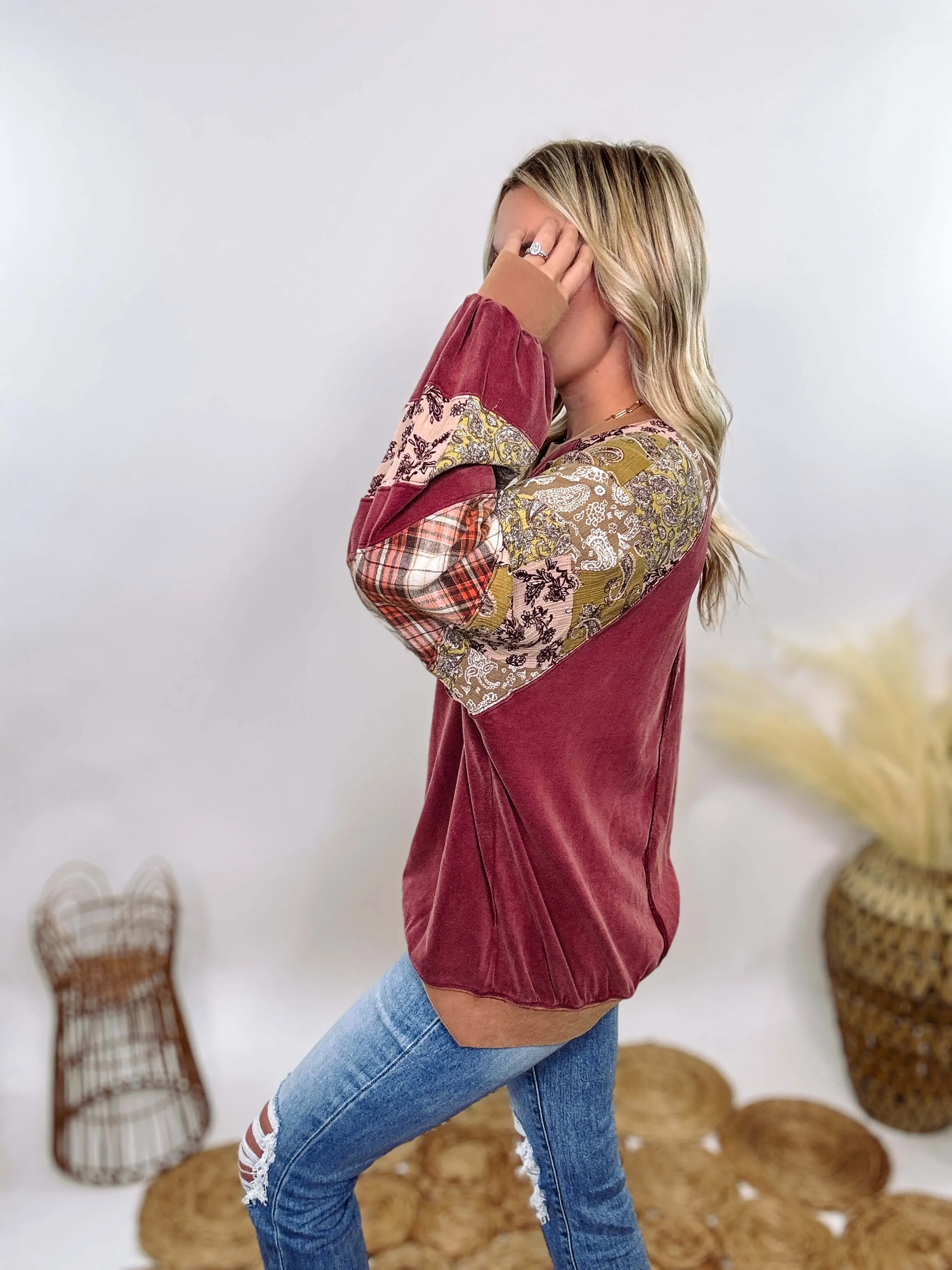 Washed Cherry Long Sleeve Pullover with Patchwork Plaid and Vintage Paisley Print