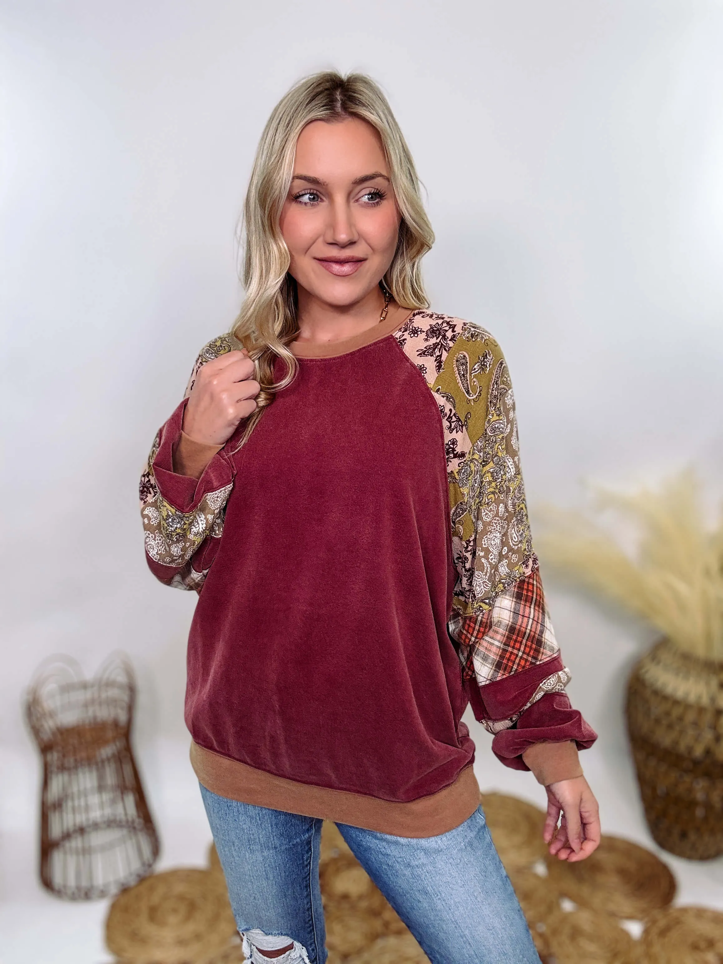 Washed Cherry Long Sleeve Pullover with Patchwork Plaid and Vintage Paisley Print