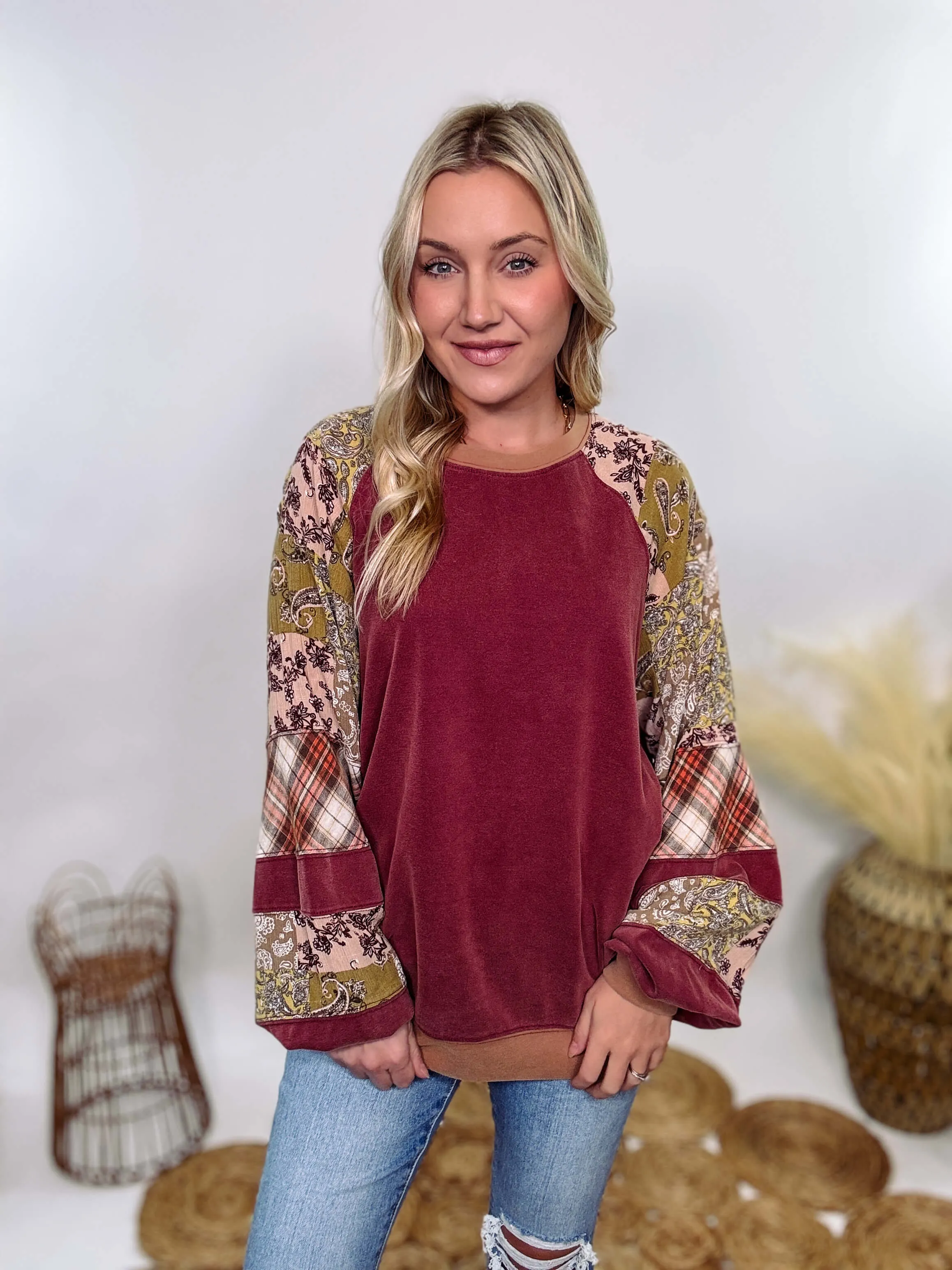 Washed Cherry Long Sleeve Pullover with Patchwork Plaid and Vintage Paisley Print