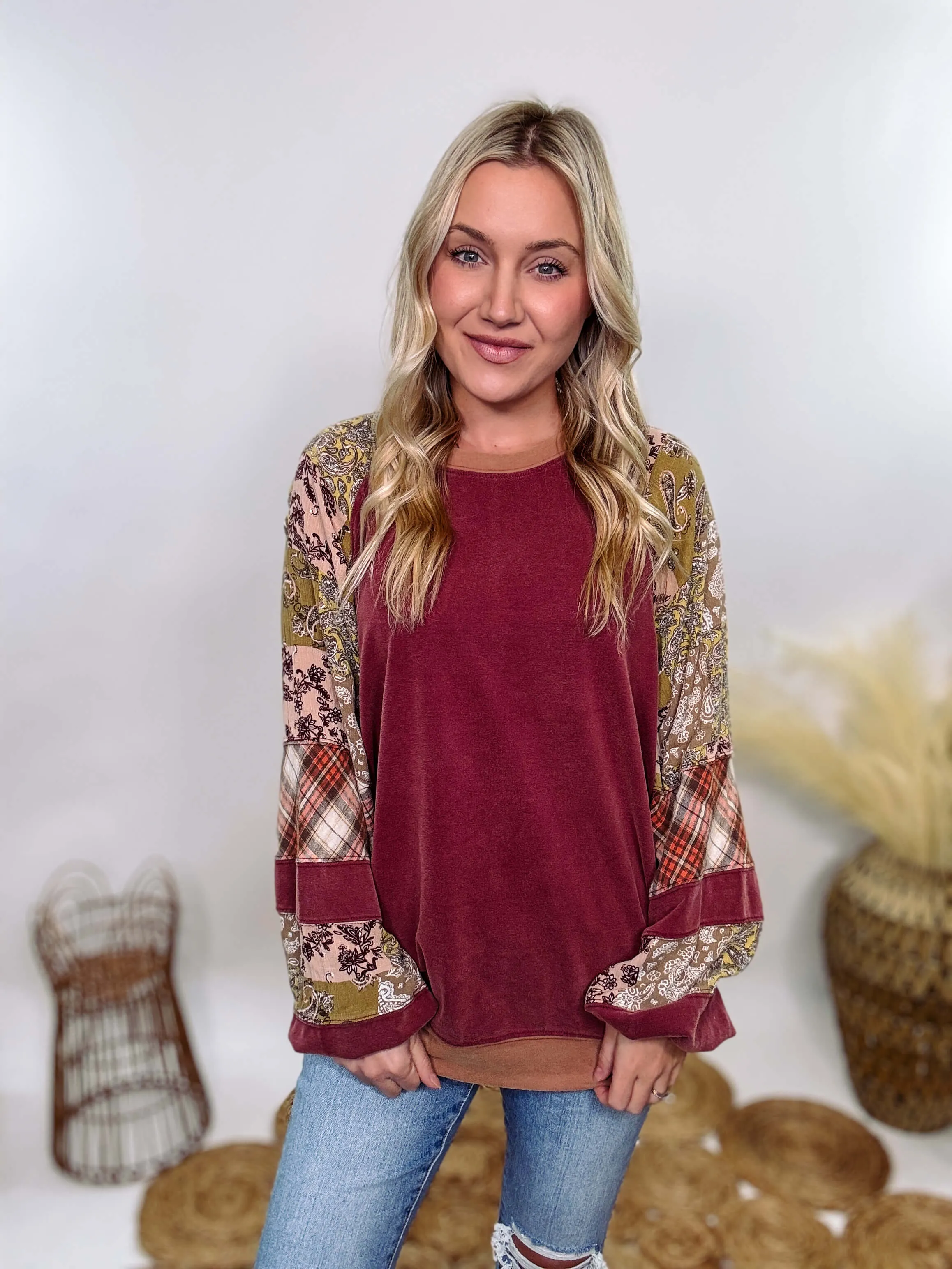 Washed Cherry Long Sleeve Pullover with Patchwork Plaid and Vintage Paisley Print