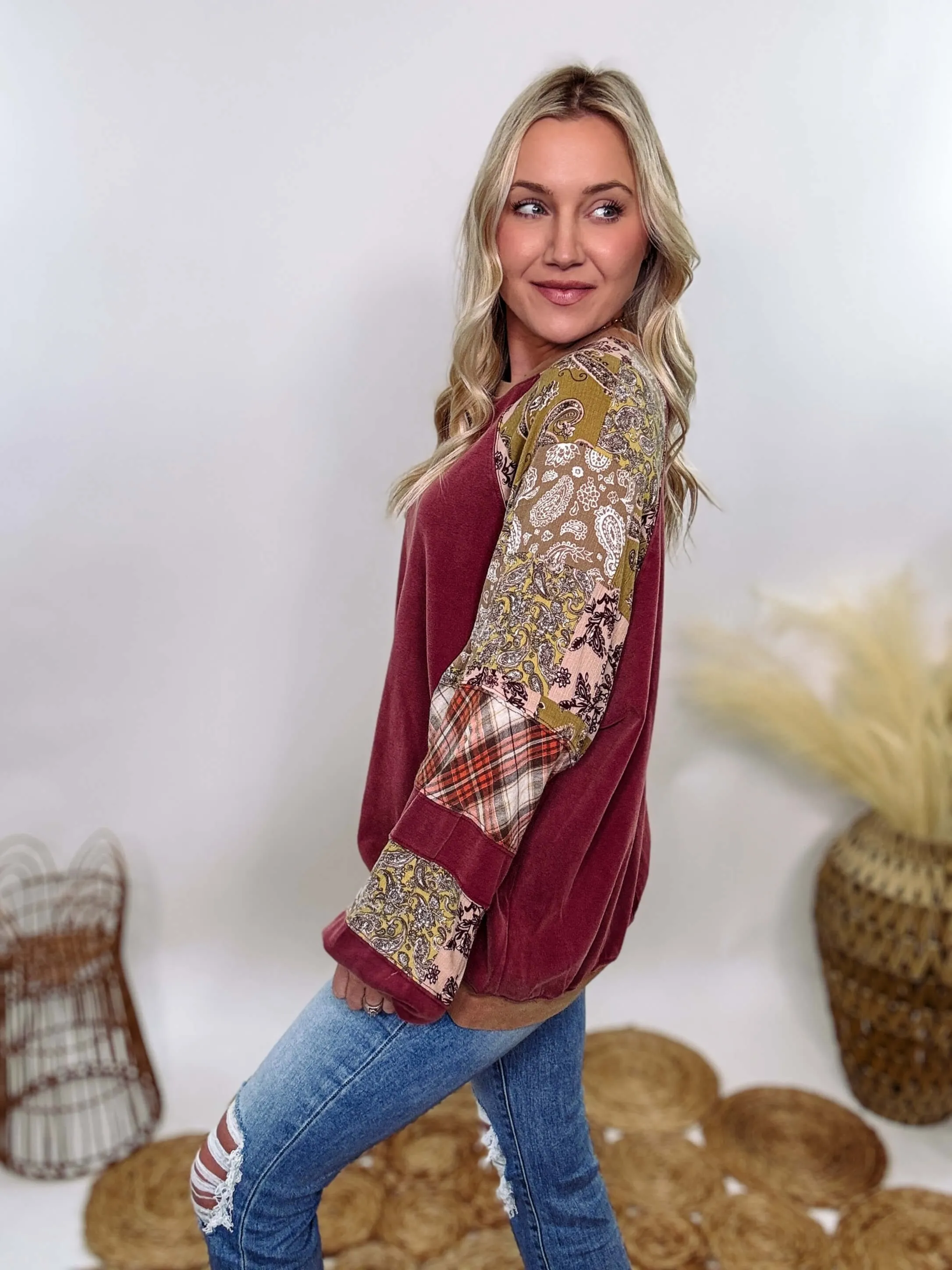 Washed Cherry Long Sleeve Pullover with Patchwork Plaid and Vintage Paisley Print