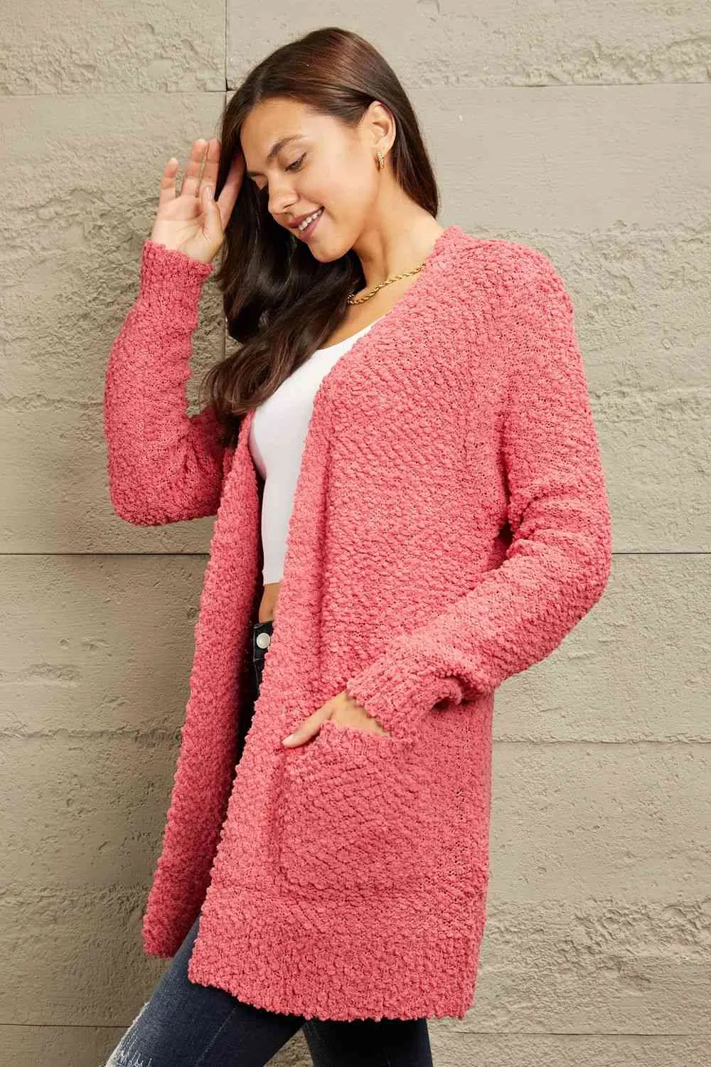 Zenana Falling For You Full Size Open Front Popcorn Cardigan